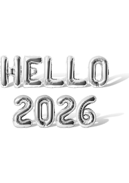 Yılbaşı Hello 2026 Gümüş Renk Rakam Folyo Balon Küçük Boy 36 cm 1 Se