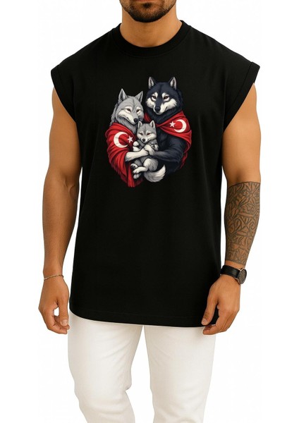 Oversize Anne - Baba ve Çocuk Turan Kurt ve Türk Bayrağı Göğüs Baskılı Atlet