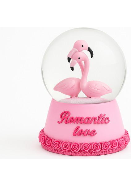 Orta Boy Pembe Flamingo Müzikli Işıklı Renkli Gece Lambası 3D Cam Kar Küresi Kar Efektli Hediyelik