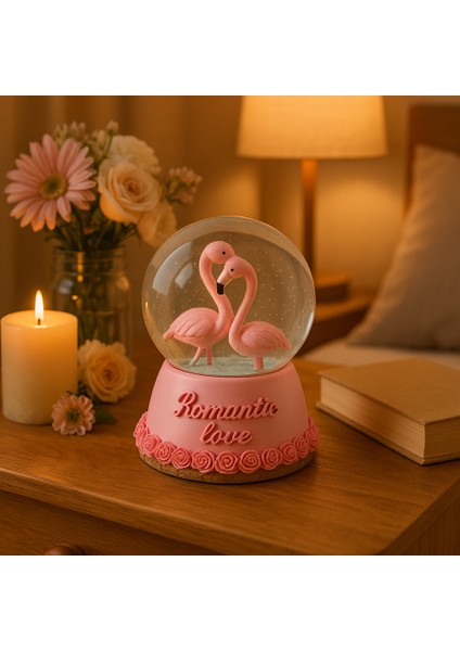 Orta Boy Pembe Flamingo Müzikli Işıklı Renkli Gece Lambası 3D Cam Kar Küresi Kar Efektli Hediyelik modelleri