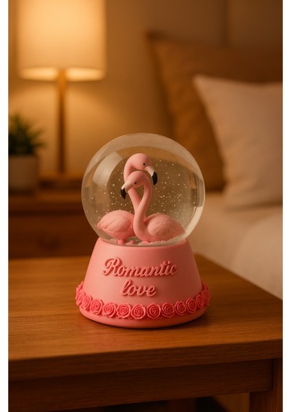 Orta Boy Pembe Flamingo Müzikli Işıklı Renkli Gece Lambası 3D Cam Kar Küresi Kar Efektli Hediyelik indirimleri