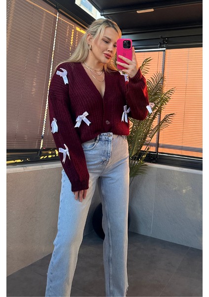 Fiyonk Detaylı Bordo Hırka modelleri