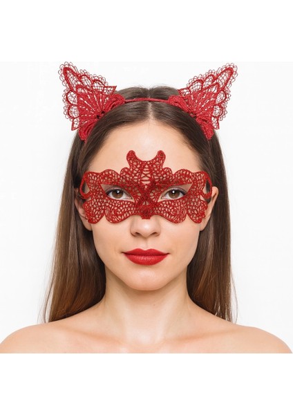 Ateş Kırmızısı Dantel Taç ve Maske Seti 10 No - Maskeli Balo Özel Gün Seti