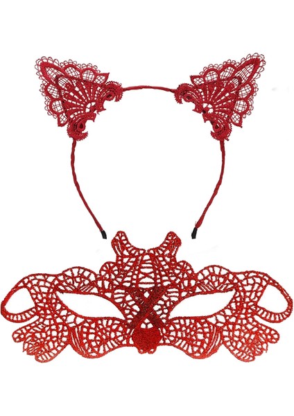 Ateş Kırmızısı Dantel Taç ve Maske Seti 10 No - Maskeli Balo Özel Gün Seti fiyatları