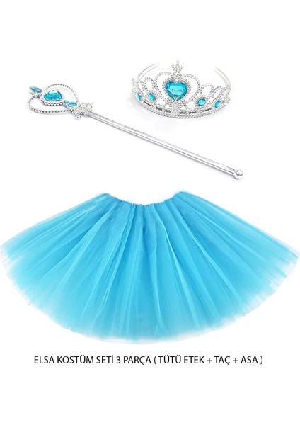 Prenses Elsa Kostüm Seti 3 Parça (Tütü Etek + Taç + Asa )
