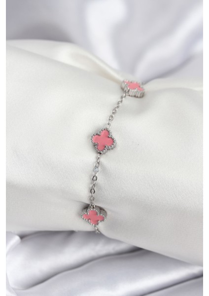 316L Çelik Gümüş Renk Pembe Baby Boy Yonca Kadın Bileklik - TJ-BB7947