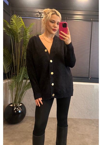 Gold Düğmeli Yumoş Siyah Uzun Hırka fiyatları