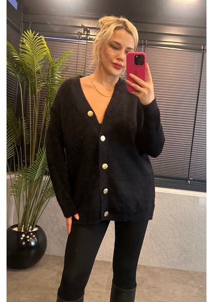 Gold Düğmeli Yumoş Siyah Uzun Hırka fırsatları