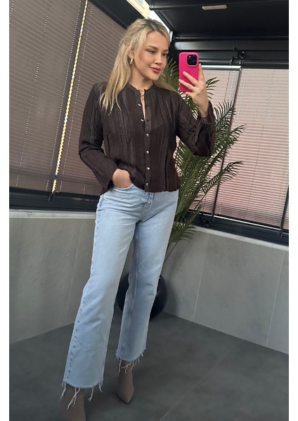 Simli Ince Dokuma Detaylı Kahverengi Triko Hırka