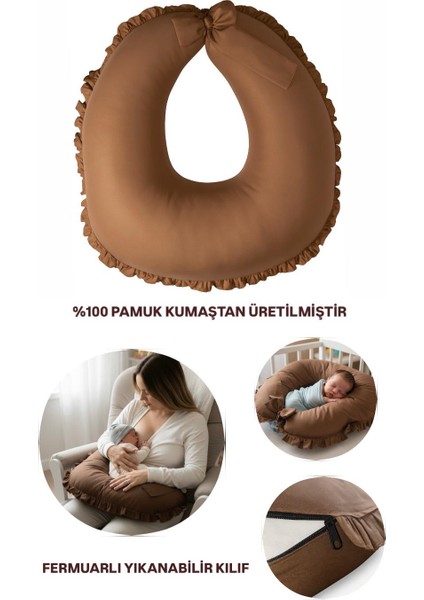Emzirme Yastığı ve Destek Minderi- %100 Pamuk Kahve Fırfırlı
