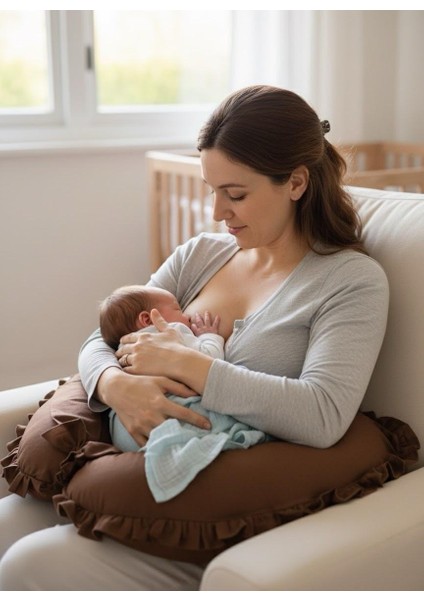 Emzirme Yastığı ve Destek Minderi- %100 Pamuk Kahve Fırfırlı modelleri