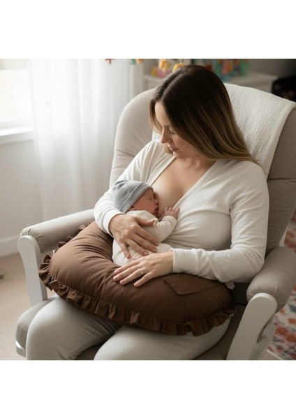Emzirme Yastığı ve Destek Minderi- %100 Pamuk Kahve Fırfırlı indirimleri
