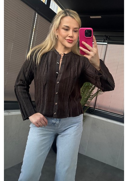 Simli Ince Dokuma Detaylı Kahverengi Triko Hırka modelleri