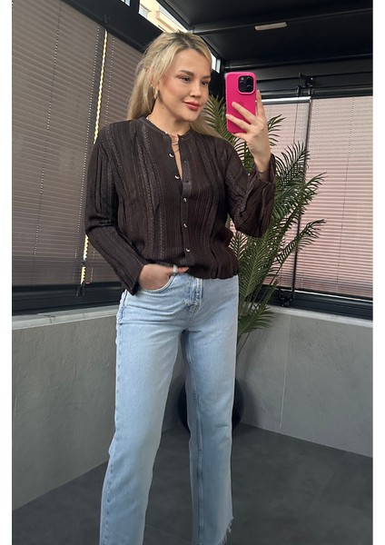 Simli Ince Dokuma Detaylı Kahverengi Triko Hırka fırsatları