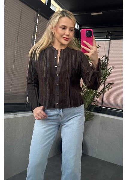 Simli Ince Dokuma Detaylı Kahverengi Triko Hırka indirimleri