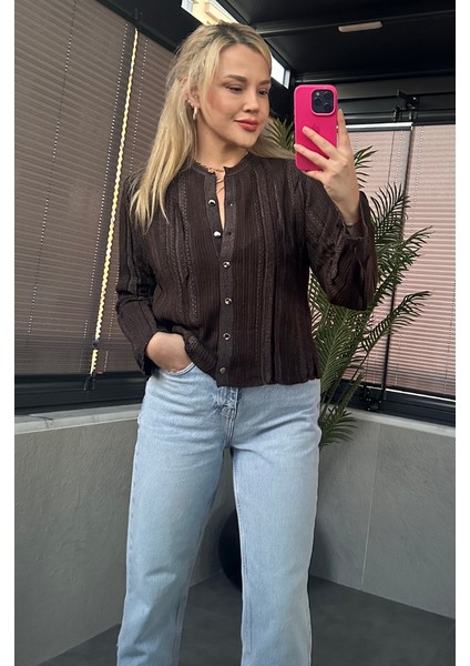 Simli Ince Dokuma Detaylı Kahverengi Triko Hırka