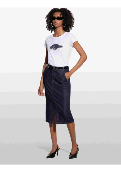 Pamuk ve Liyosel Karışımlı Yüksek Bel Midi Denim Etek Kadın Açık Mavi Etek - 325A447ZL002U