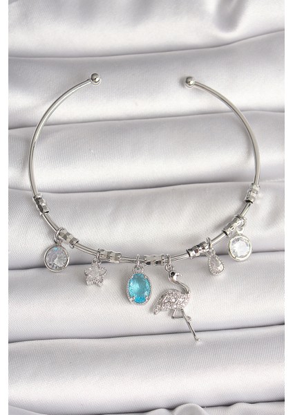 Pirinç Gümüş Renk Sallantı Zirkon Taşlı Filaminga Figür Charm Kadın Bileklik - TJ-BB6903