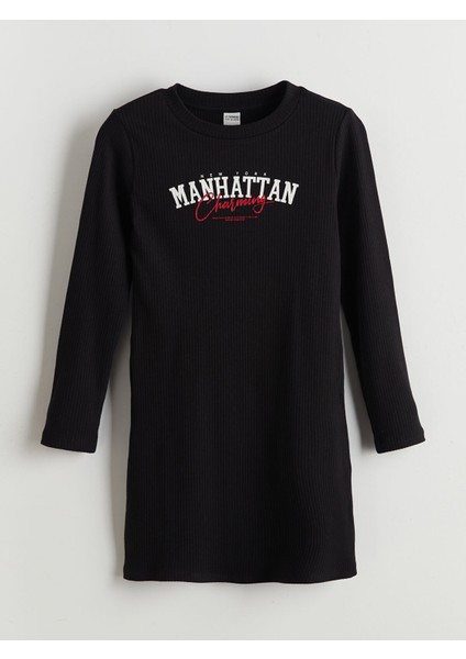 Yeni Sezon Bisiklet Yaka Manhattan Baskılı Kız Çocuk Elbise