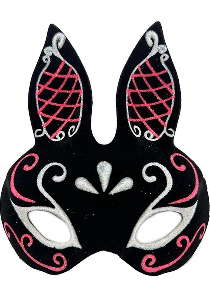 Siyah Renk Kırmızı Beyaz Simli Siyah Süet Kaplama Tavşan Maskesi 18X16 cm fiyatları