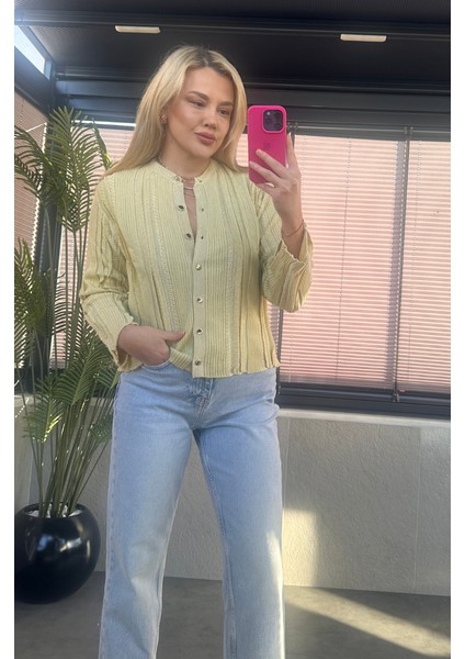 Simli Ince Dokuma Detaylı Sarı Triko Hırka