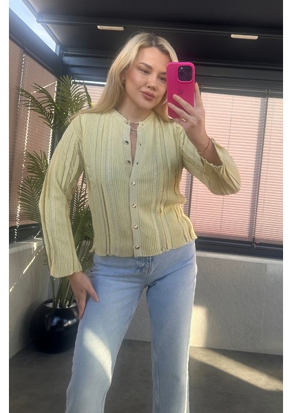 Simli Ince Dokuma Detaylı Sarı Triko Hırka fiyatları