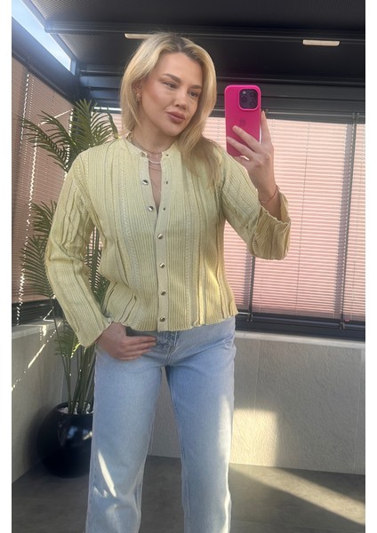 Simli Ince Dokuma Detaylı Sarı Triko Hırka modelleri