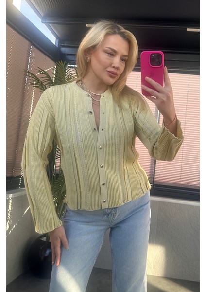 Simli Ince Dokuma Detaylı Sarı Triko Hırka indirimleri