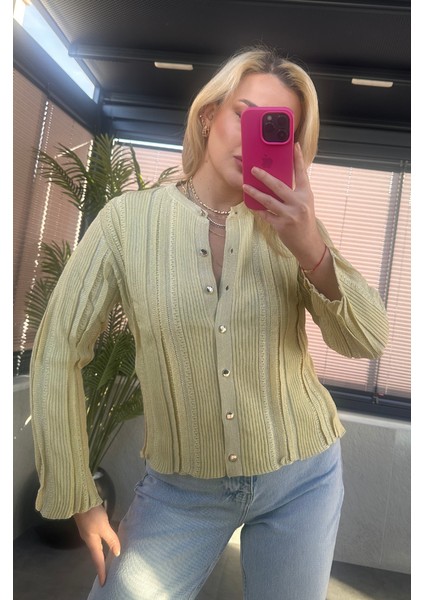 Simli Ince Dokuma Detaylı Sarı Triko Hırka