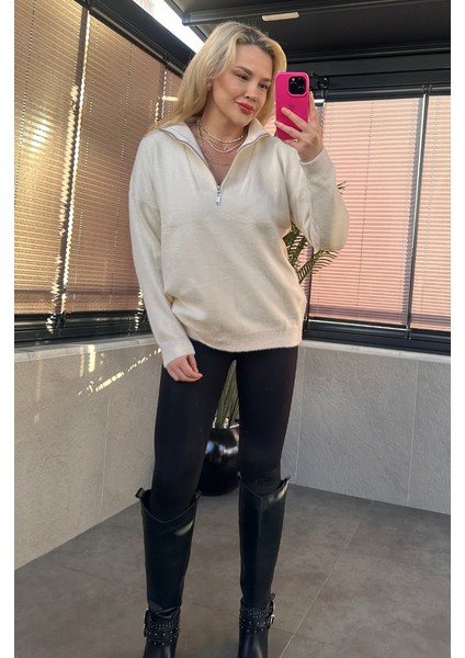 Ekru Fermuarlı Sakallı Kazak indirimleri