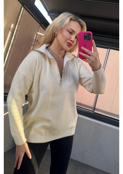 Ekru Fermuarlı Sakallı Kazak