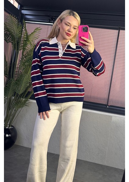 Polo Yaka Çizgili Kazak