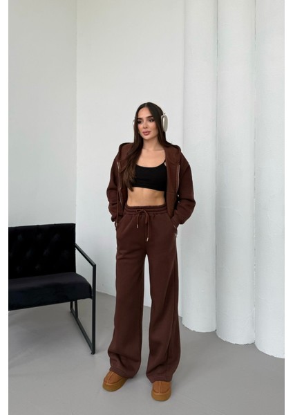 Kadın Çift Fermuar Detaylı Kapüşonlu Kışlık Şardonlu Oversize Eşofman Takımı