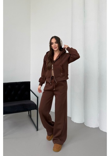 Kadın Çift Fermuar Detaylı Kapüşonlu Kışlık Şardonlu Oversize Eşofman Takımı fiyatları