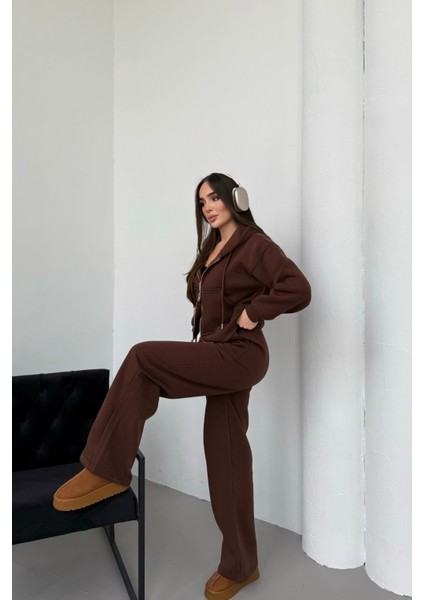 Kadın Çift Fermuar Detaylı Kapüşonlu Kışlık Şardonlu Oversize Eşofman Takımı modelleri