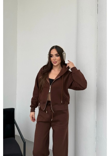 Kadın Çift Fermuar Detaylı Kapüşonlu Kışlık Şardonlu Oversize Eşofman Takımı fırsatları