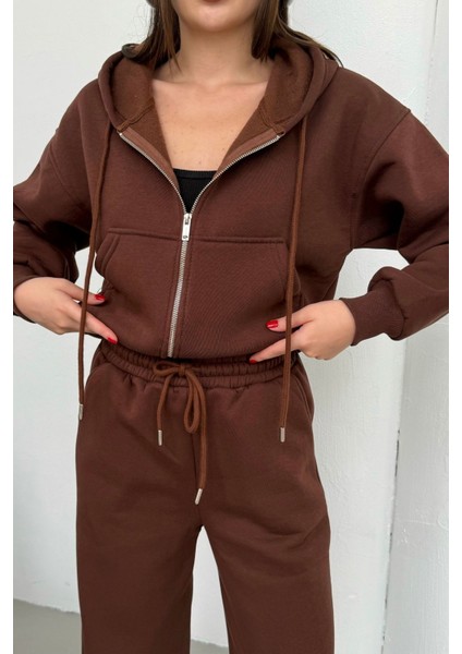 Kadın Çift Fermuar Detaylı Kapüşonlu Kışlık Şardonlu Oversize Eşofman Takımı indirimleri