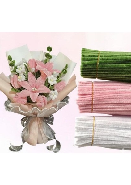 3'lü Set Pastel Pembe (50) , Beyaz (25) , Ordu Yeşili (25) Şönil , Çiçek Yapımına Uygun Tüylü Tel