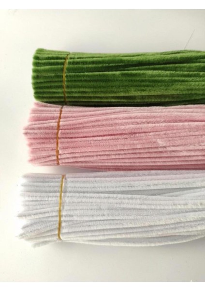 3'lü Set Pastel Pembe (50) , Beyaz (25) , Ordu Yeşili (25) Şönil , Çiçek Yapımına Uygun Tüylü Tel modelleri
