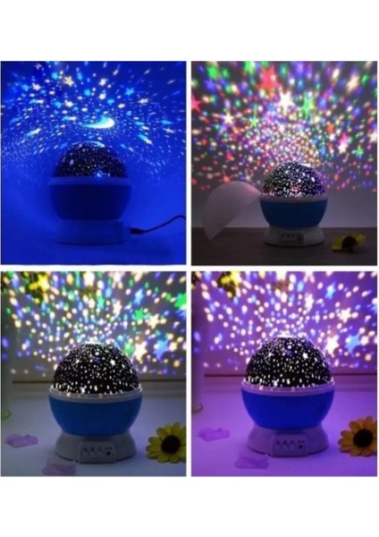 Mavi Dönen Renkli Ay Yıldızlı Gökyüzü Yansıtmalı Projeksiyon Gece Lambası Çocuk Bebek Par modelleri