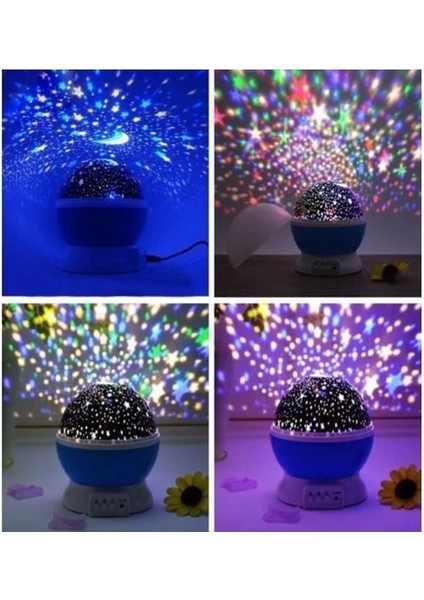 Mavi Dönen Renkli Ay Yıldızlı Gökyüzü Yansıtmalı Projeksiyon Gece Lambası Çocuk Bebek Par indirimleri