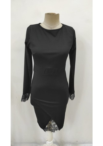 Kadın Uzun Kollu Bisiklet Yaka Önden Dantel ve Yırtmaç Detaylı Dalgıç Elbise indirimleri