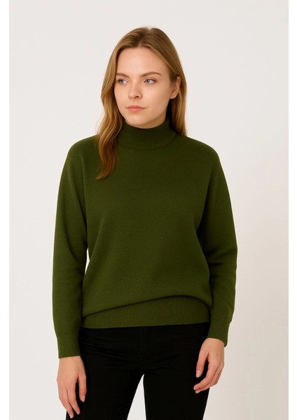 Yarım Boğaz Triko Kazak Yumuşak Dokulu Pamuklu Ince Dokuma, Uzun Kollu Rahat Regular Kalıp - Haki