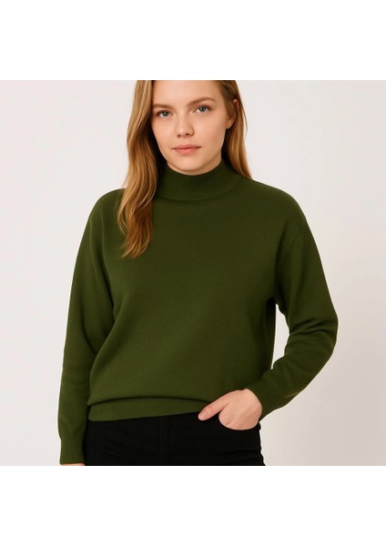 Yarım Boğaz Triko Kazak Yumuşak Dokulu Pamuklu Ince Dokuma, Uzun Kollu Rahat Regular Kalıp - Haki fiyatları