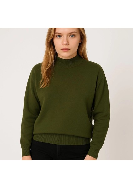 Yarım Boğaz Triko Kazak Yumuşak Dokulu Pamuklu Ince Dokuma, Uzun Kollu Rahat Regular Kalıp - Haki modelleri