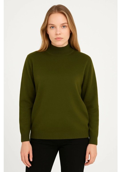 Yarım Boğaz Triko Kazak Yumuşak Dokulu Pamuklu Ince Dokuma, Uzun Kollu Rahat Regular Kalıp - Haki fırsatları