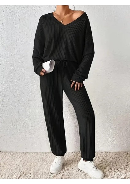Kadın Uzun Kollu V Yakalı Kaşkorse Bluz ve Pantolon Ikili Takım fiyatları