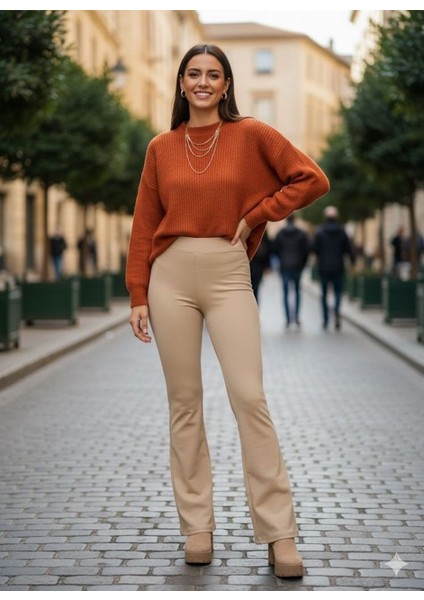 Kadın Yüksek Bel Krep Kumaş Bol Paça Pantolon