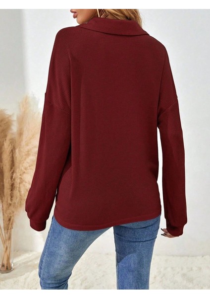 Kadın Uzun Kollu Yakalı Düğmeli Salaş Waffle Bluz indirimleri