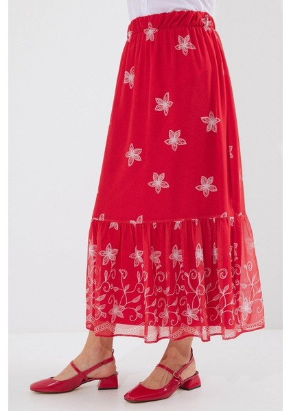 8010 Desenli Şifon Etek - A.kırmızı modelleri